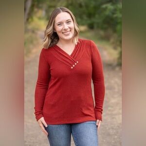 NEW Michelle Mae Women’s Brick Ribbed V-Neck Button Long Sleeve Top size XL